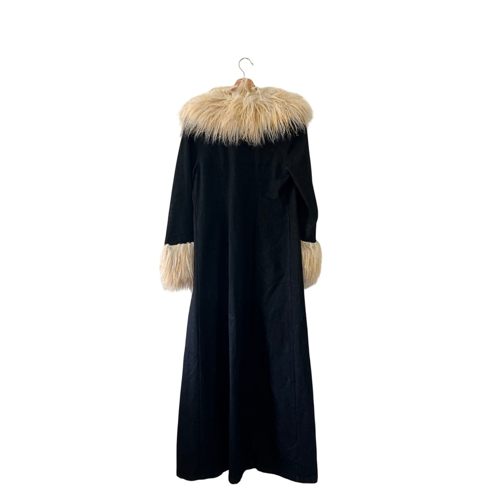 RARE Vintage Blanc Noir Boho Trench Coat Faux Fur Gold Tinsel Trim Size M - Picture 10 of 10